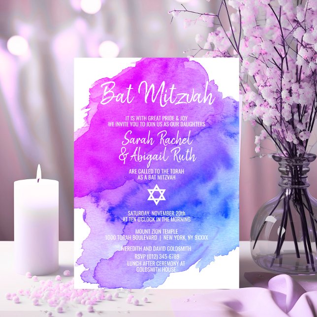 Twins Watercolor Purple Blue Star BAT MITZVAH  Invitation (Twins Watercolor Purple Blue Star BAT MITZVAH Invitation)