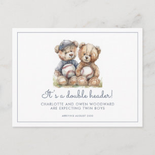 Twins Watercolor Teddy Bears Pregnancy Announcement Postcard