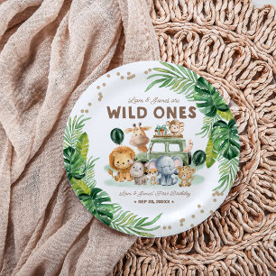 Twins Wild One 1st Birthday Safari Animals Paper Plate