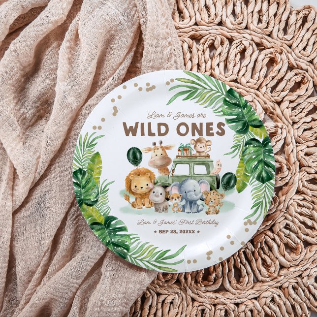 Twins Wild One 1st Birthday Safari Animals Paper Plate (Creator Uploaded)