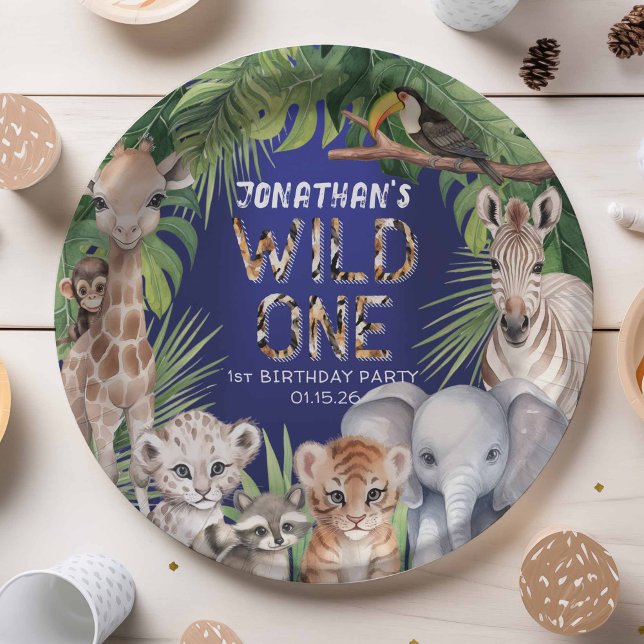 Twins Wild one Navy blue Jungle 1st birthday snack Paper Plate (Creator Uploaded)