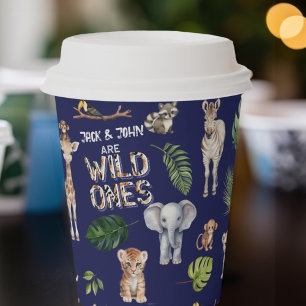Twins wild one, Navy blue Jungle animals themed Paper Cups