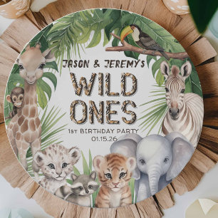 Twins Wild one Safari animals jungle 1st birthday Paper Plate