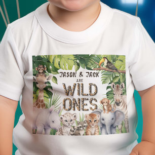 Twins Wild Ones, Jungle Safari Cute Animals, 1st  Baby T-Shirt