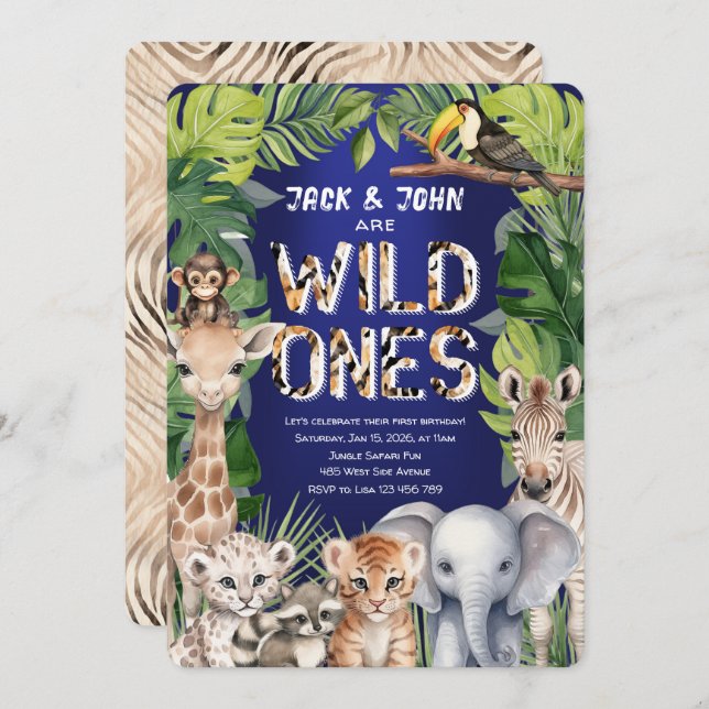 Twins Wild Ones, Jungle Safari Navy 1st birthday Invitation (Front/Back)