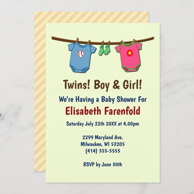 Twins with Boy & Girl Baby Shower in Invitation (Front/Back)