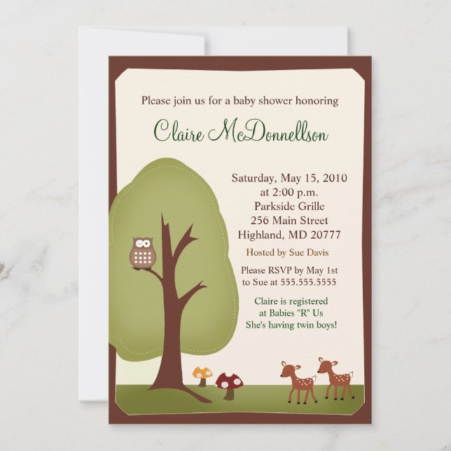 TWINS Woodland Forest  5x7 Baby Shower Invitation (Front)