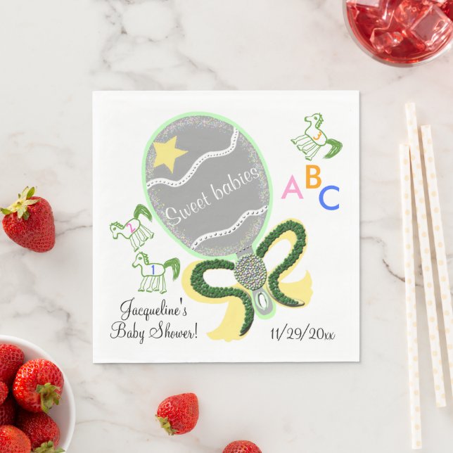 Twins Yellow and Green Baby Rattle Baby Shower Napkin (Insitu)