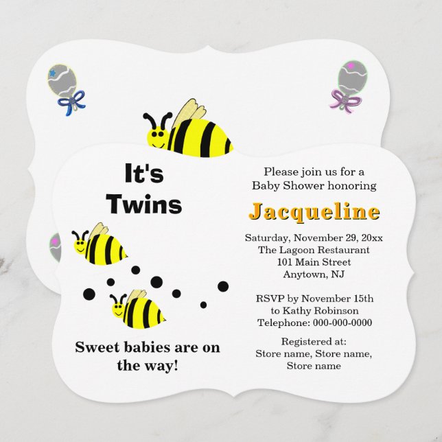 Twins Yellow Bee Baby Rattles Baby Shower  Invitation (Front/Back)