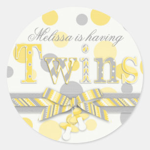 Twins Yellow & Grey Polka Dots Baby Shower Classic Round Sticker