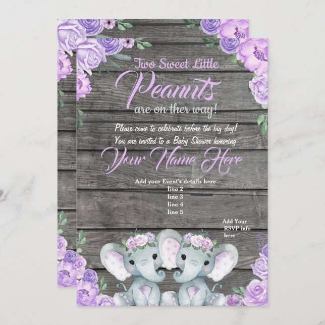 twinsElephant Baby Shower Invitation rustic purple (Front/Back)