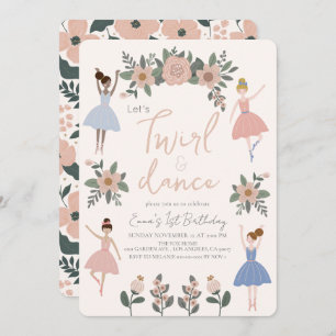 Twirl & Dance Ballerina Floral Girl 1st Birthday Invitation