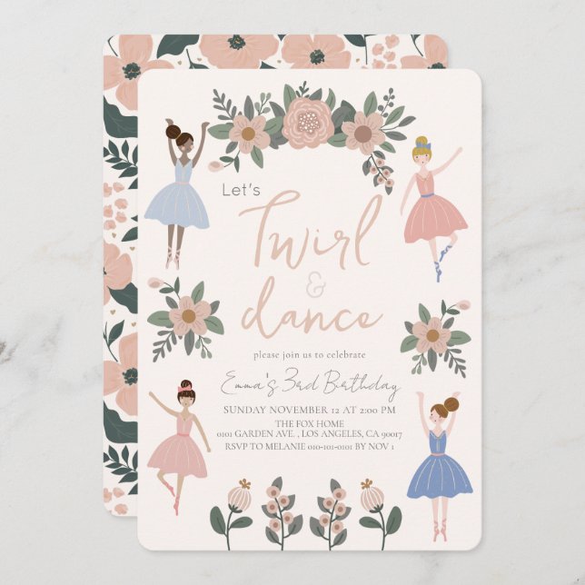 Twirl & Dance Ballerina Floral Girl Birthday Invitation (Front/Back)