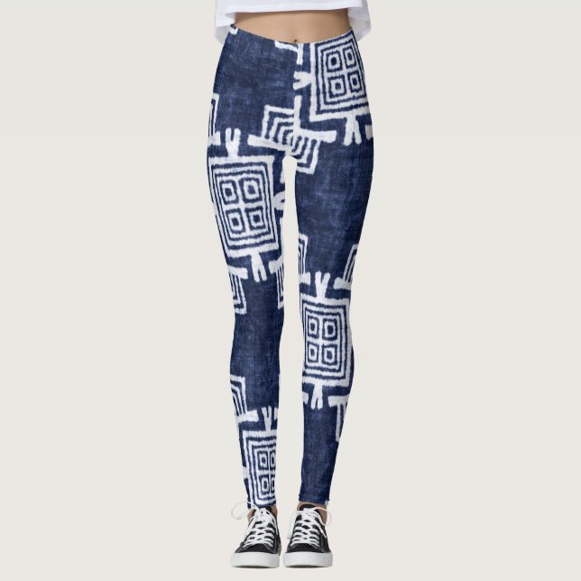 Twisted indigo chequered textured background. leggings (Front)