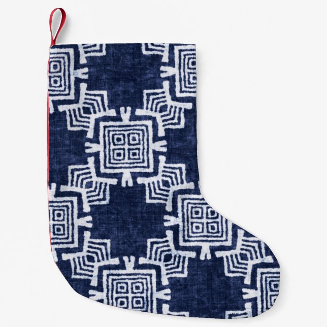Twisted indigo chequered textured background. small christmas stocking (Front)