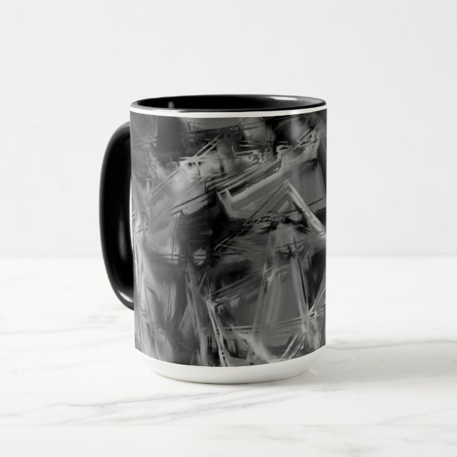 Twisted squares, black and grey 'brushstrokes' mug (Front Left)
