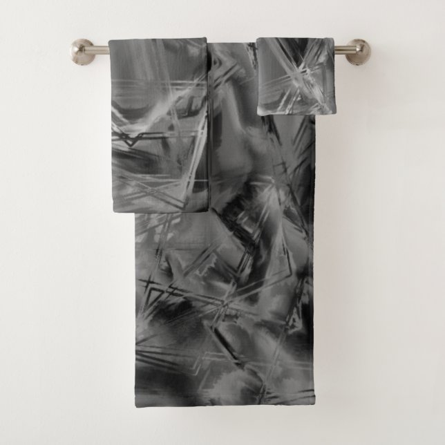 Twisted squares, grey and black 'brushstrokes' bath towel set (Insitu)