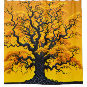 Twisted Tree Silhouette Radiant Golden Foliage Shower Curtain