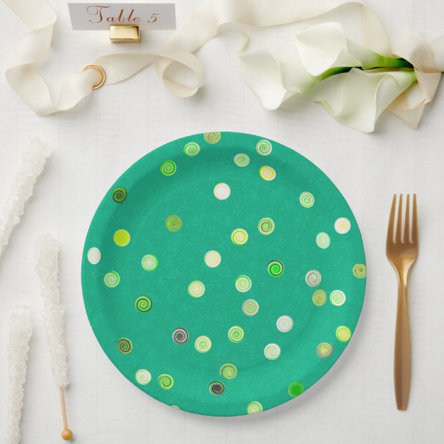 Twisty Polka Dot Spirals Green Paper Party Plates (Wedding)