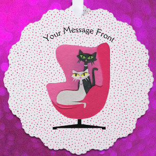 Two 1950s Style Cats vintage Pink Chair Polka Dots Tree Decoration Card