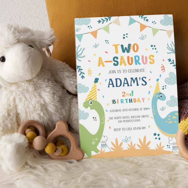 two-a-saurus 2nd Birthday Green & Blue Dinosaur Invitation (Creator Uploaded)