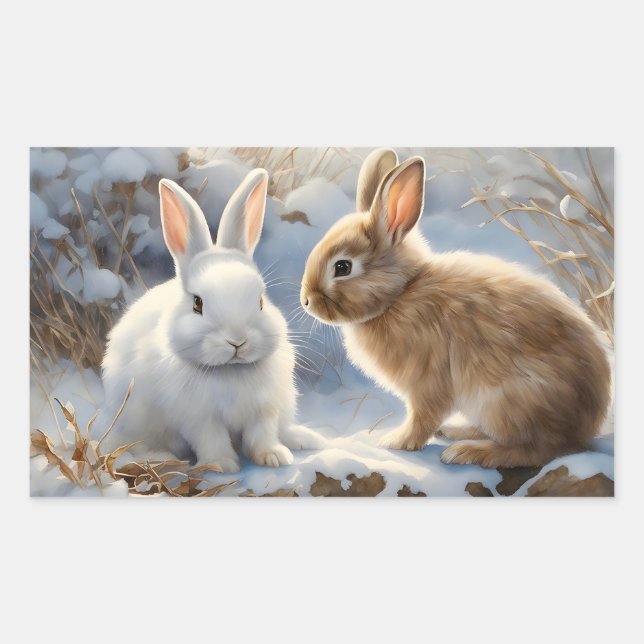 Two Adorable Bunny Rabbits Brown and White in Snow Rectangular Sticker (Front)