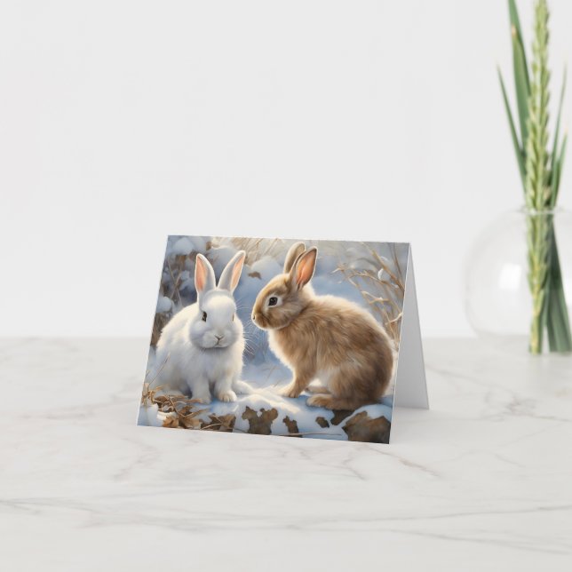 Two Adorable Bunny Rabbits Brown White Snow Blank Card (Front)