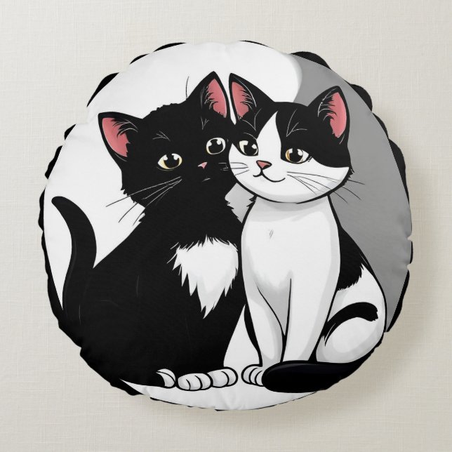 Two Adorable Cats Sitting Together Round Cushion (Front)