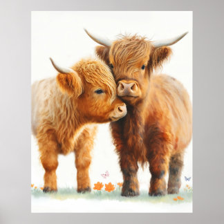Two Adorable Highland Cows Hugging Poster