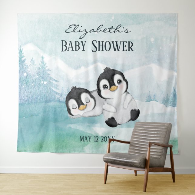 Two Adorable Penguins Baby Shower Backdrop Tapestry (In Situ (Horizontal))