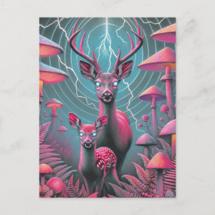 Two adorable psychedelic deer with glowing eyes  postcard