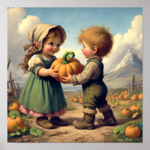 Two Adorable Vintage Munchkins in a Pumpkin Patch Poster