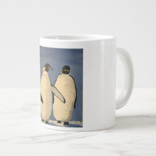 Two adult emperor penguins talking large coffee mug