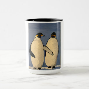Two adult emperor penguins talking mug