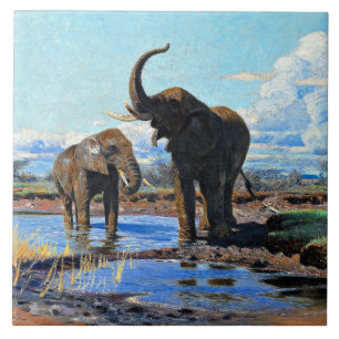 Two African Elephants at Watering Hole Ceramic Tile