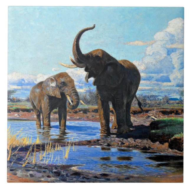 Two African Elephants at Watering Hole Ceramic Tile (Front)