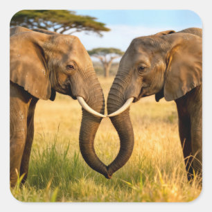 Two African Elephants In Savannah Grass Square Sticker
