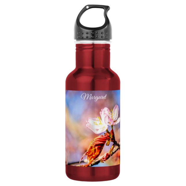 Two Amazing Sakura Flowers. Pink, Blue Background 532 Ml Water Bottle (Front)