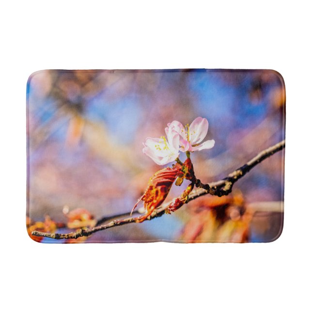 Two Amazing Sakura Flowers. Pink, Blue Background Bath Mat (Front)