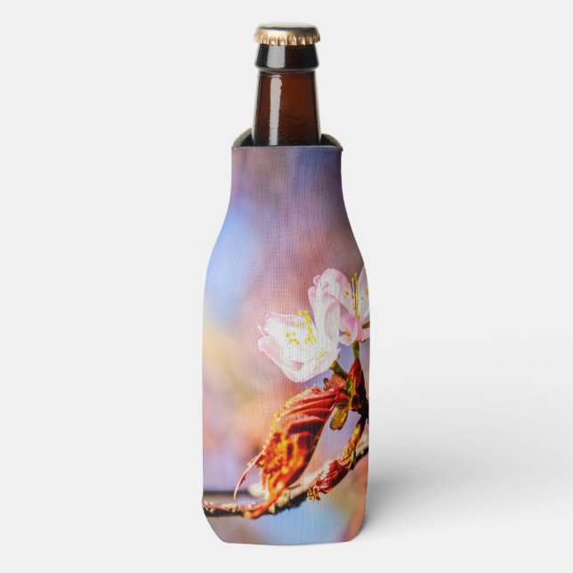 Two Amazing Sakura Flowers. Pink, Blue Background Bottle Cooler (Bottle Front)