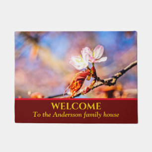 Two Amazing Sakura Flowers. Pink, Blue Background Doormat