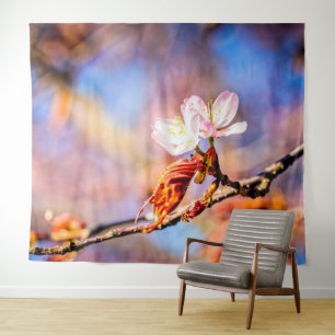 Two Amazing Sakura Flowers. Pink, Blue Background Tapestry