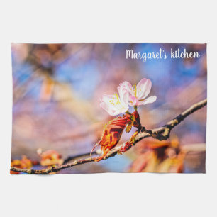 Two Amazing Sakura Flowers. Pink, Blue Background Tea Towel