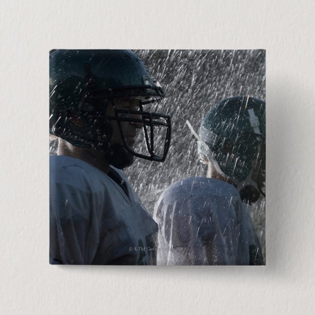 Two American football players in rain, side view 15 Cm Square Badge (Front)
