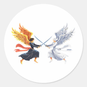 Two Angel with large sword with open wings Classic Round Sticker