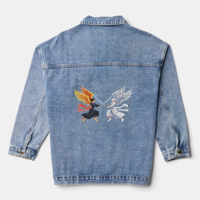 Two Angel with large sword with open wings Denim Jacket (Back)