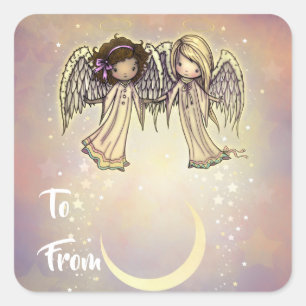 Two Angels and Moon Holiday Gift Tag Stickers