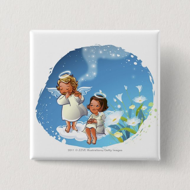 Two angels sitting on the clouds 15 cm square badge (Front)