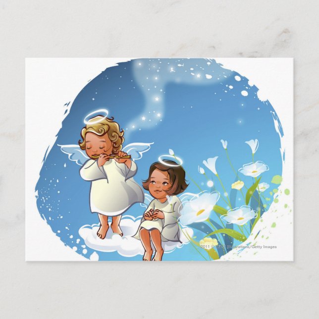 Two angels sitting on the clouds postcard (Front)