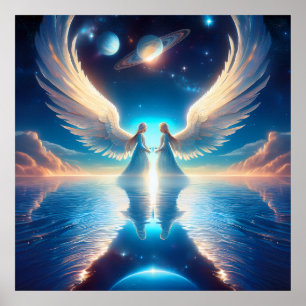 Two Angels Standing on the Water with Wings Out Poster